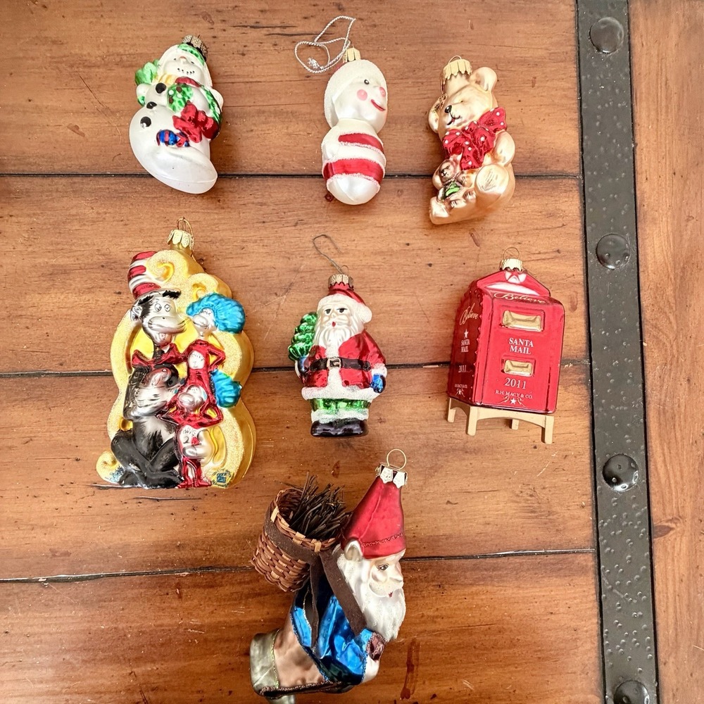 Christmas Ornaments Blown Glass Bundle Dr Seuss, Snowman, Bear, Santa, Macy's